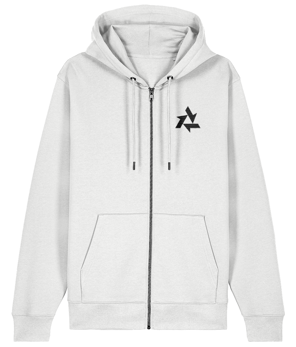 Front view of white heavyweight zipup hoodie made from organic cotton with delta logo embroidery, part of the Everyday Armour collection by Better Than